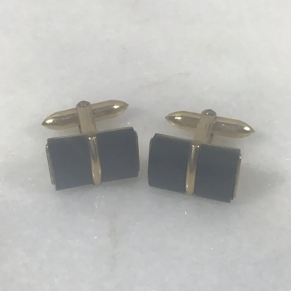 Vintage Gold Tone Onyx Barrel Cufflinks Mid-Century Modern Minimalist MCM